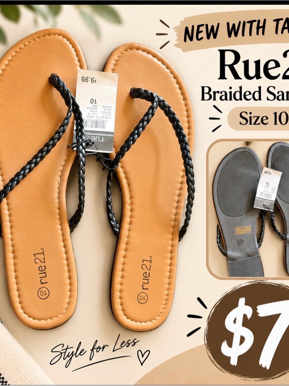 Rue21 Braided Black Strap Tan Flip Flop Sandals